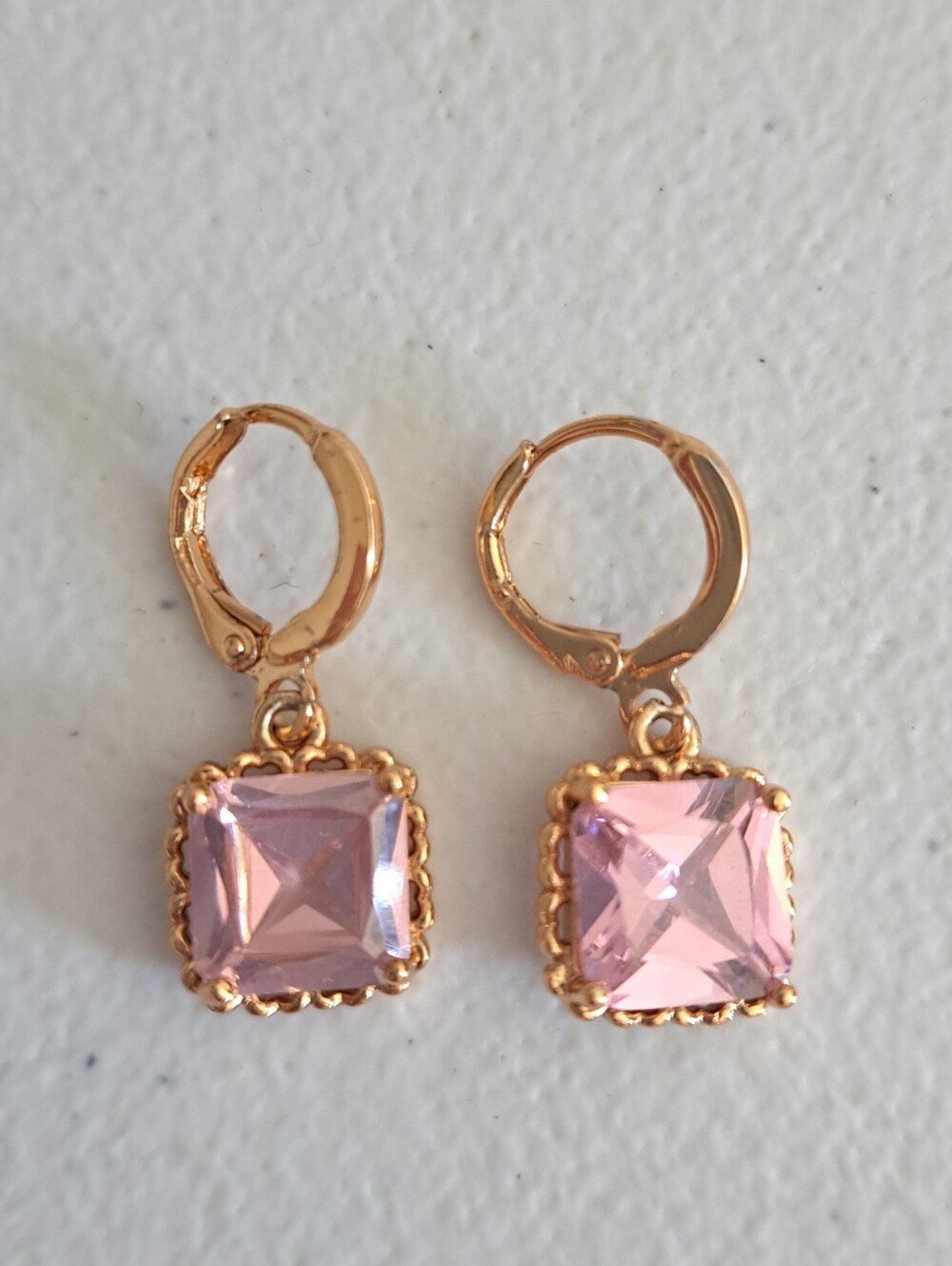 Gold-Tone Pink Square Crystal Drop Earrings